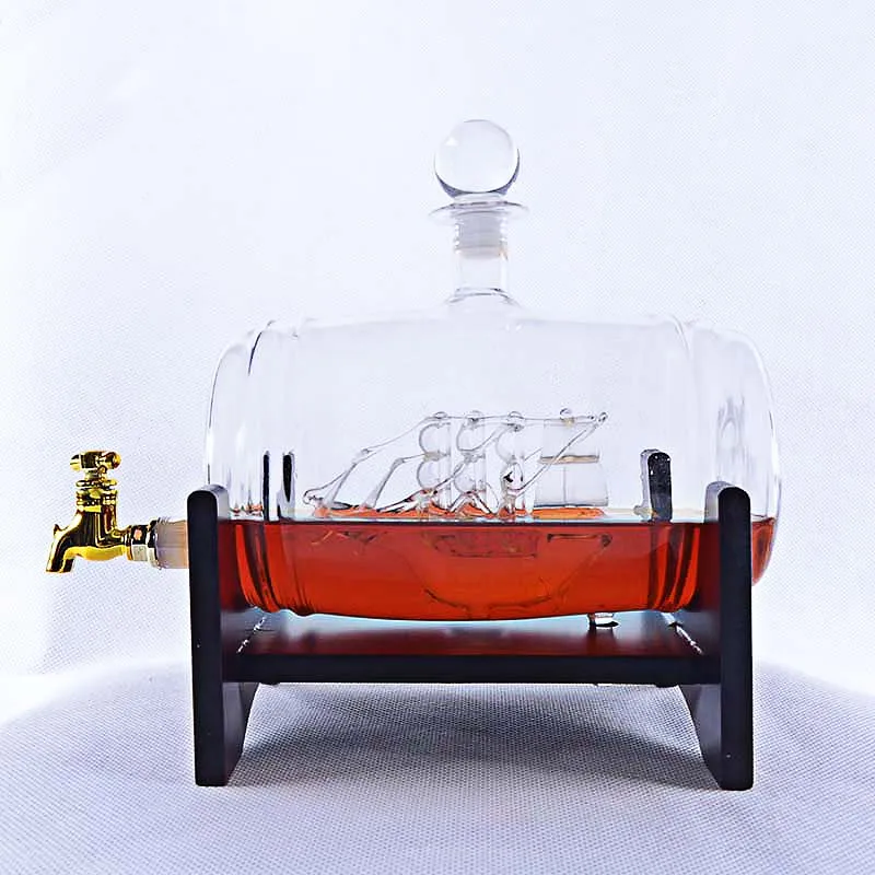 1000ML Dispenser for Liquor High Borosilicate Glass Barrel Decanter with Wood Stand