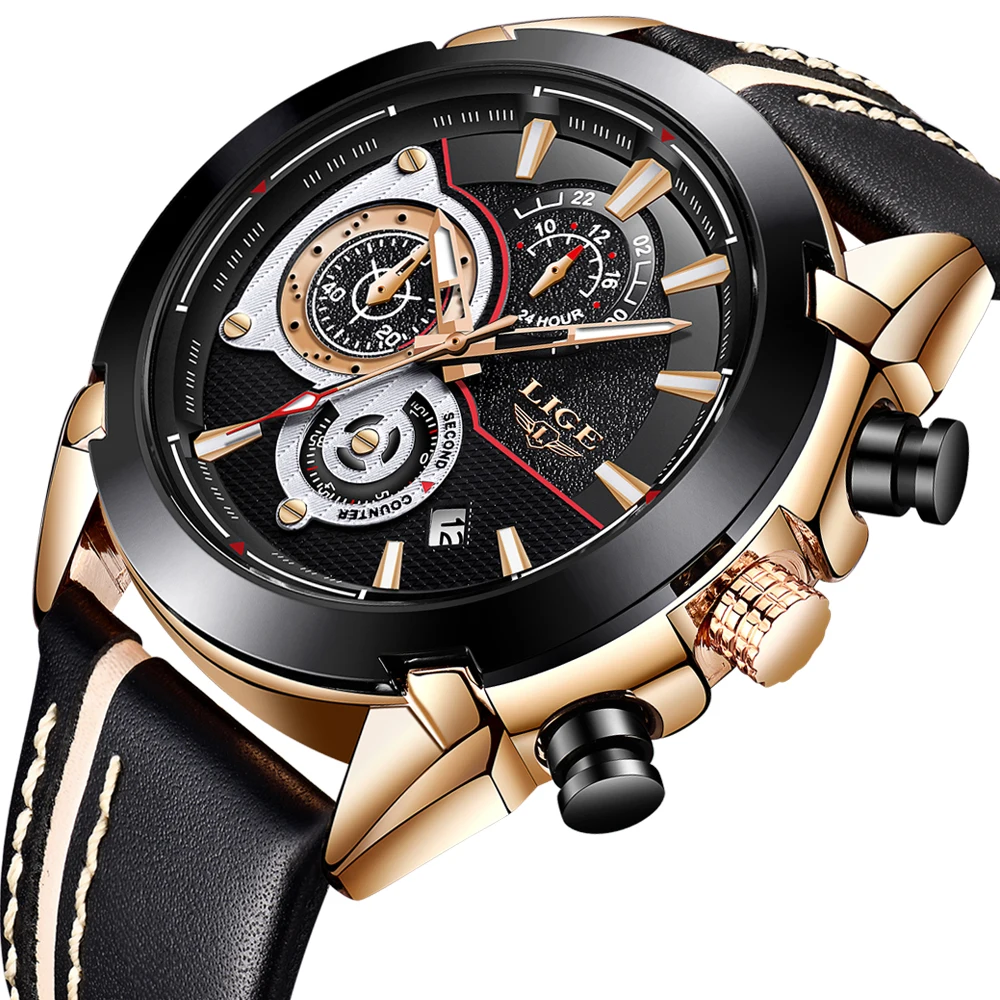 Часы наручные LIGE Мужские кварцевые Роскошные водонепроницаемые спортивные с кожаным ремешком датой