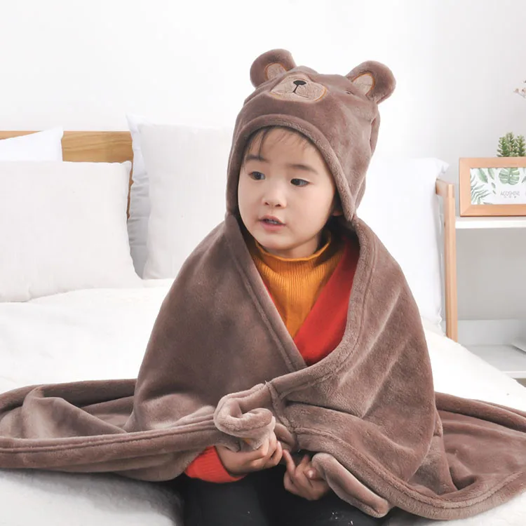 
Soft Flannel Children Blankets, Winter Warm Baby Bath Towel Baby Blanket, Cartoon Sheep Bear Elephant Rabbit Hooded Baby Blanket 