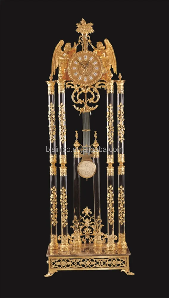 Luxury Italy Style Antique 24K Gold Plated Bronze Mounted Floor Clock, Decorated Pendulum Clock, Crystal & Marble Clock