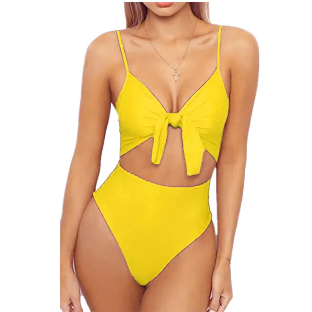 LDDRESS 2019 Wholesale Custom Plain Yellow Vintage High Waist Lady One Piece Bathing Suits Swimwear Women Sexy Bikini