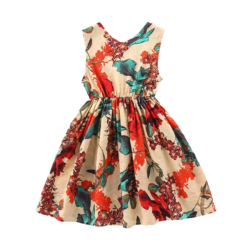 
Boutique lovely flower printed sleeveless summer girls party dresses children outfit kid wear 