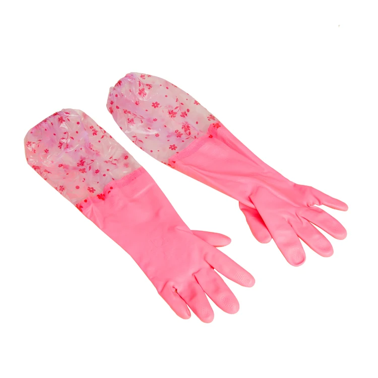 Winter warm fancy cotton lined colored kitchen long sleeve household glovelies extra long rubber gloves