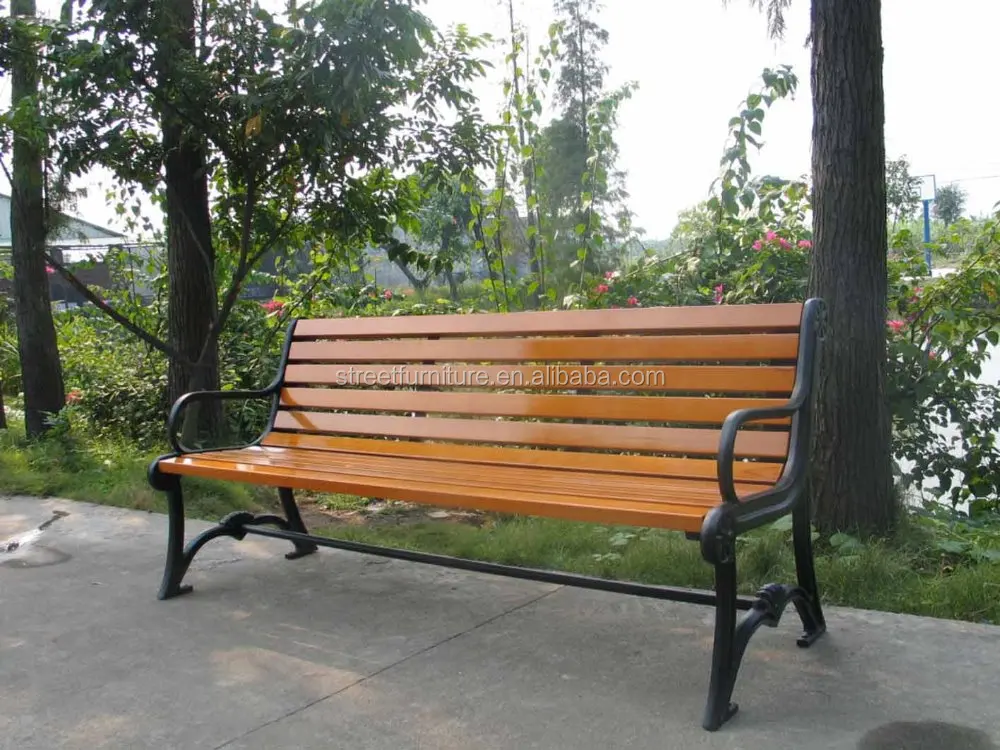 Metal outdoor bench for public park with cast iron bench legs