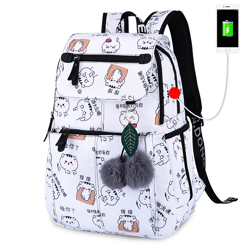 
women canvas printing college student backpack girls book bag wholesale school bags for teenagers with usb charging 