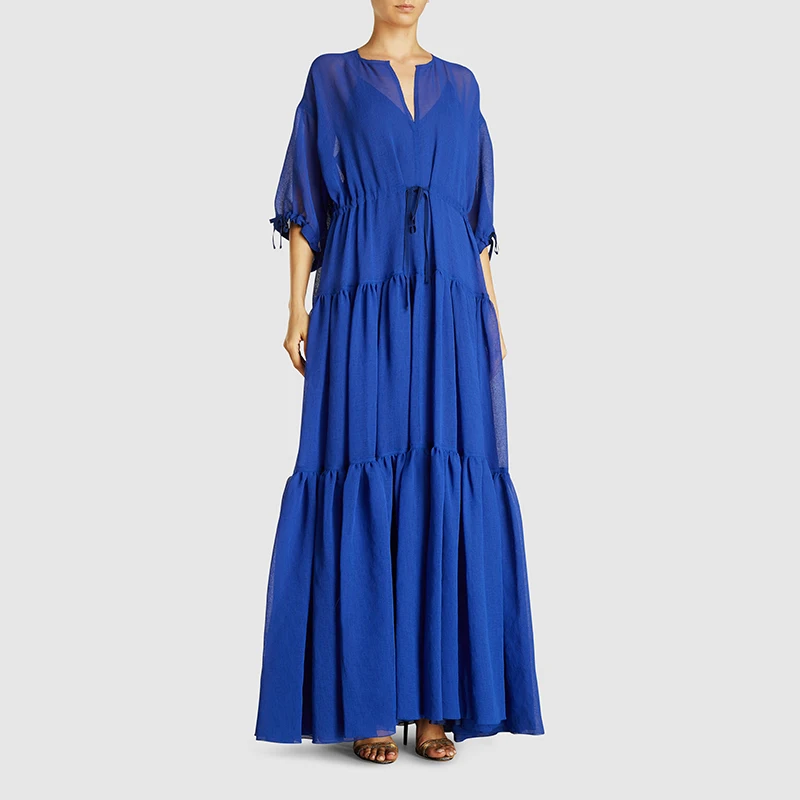 
Custom Wholesale Women Royal Blue Short Sleeve Organza Long Maxi Dress 