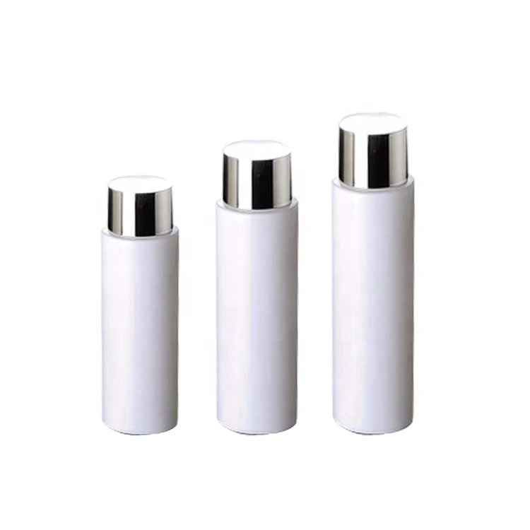 High quality 100ml 150ml 200ml white round shape lotion toner bottle with silver screw cap