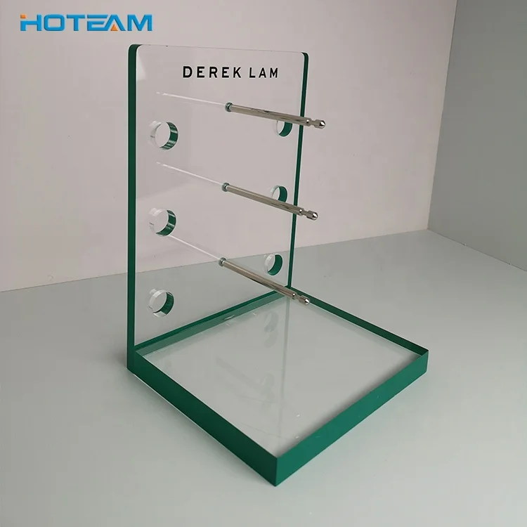Cheap Clear 3 Pairs Acrylic Free Standing Eyewear Display Rack Perspex Sunglass Display Stand with Green Edge Factory Custom