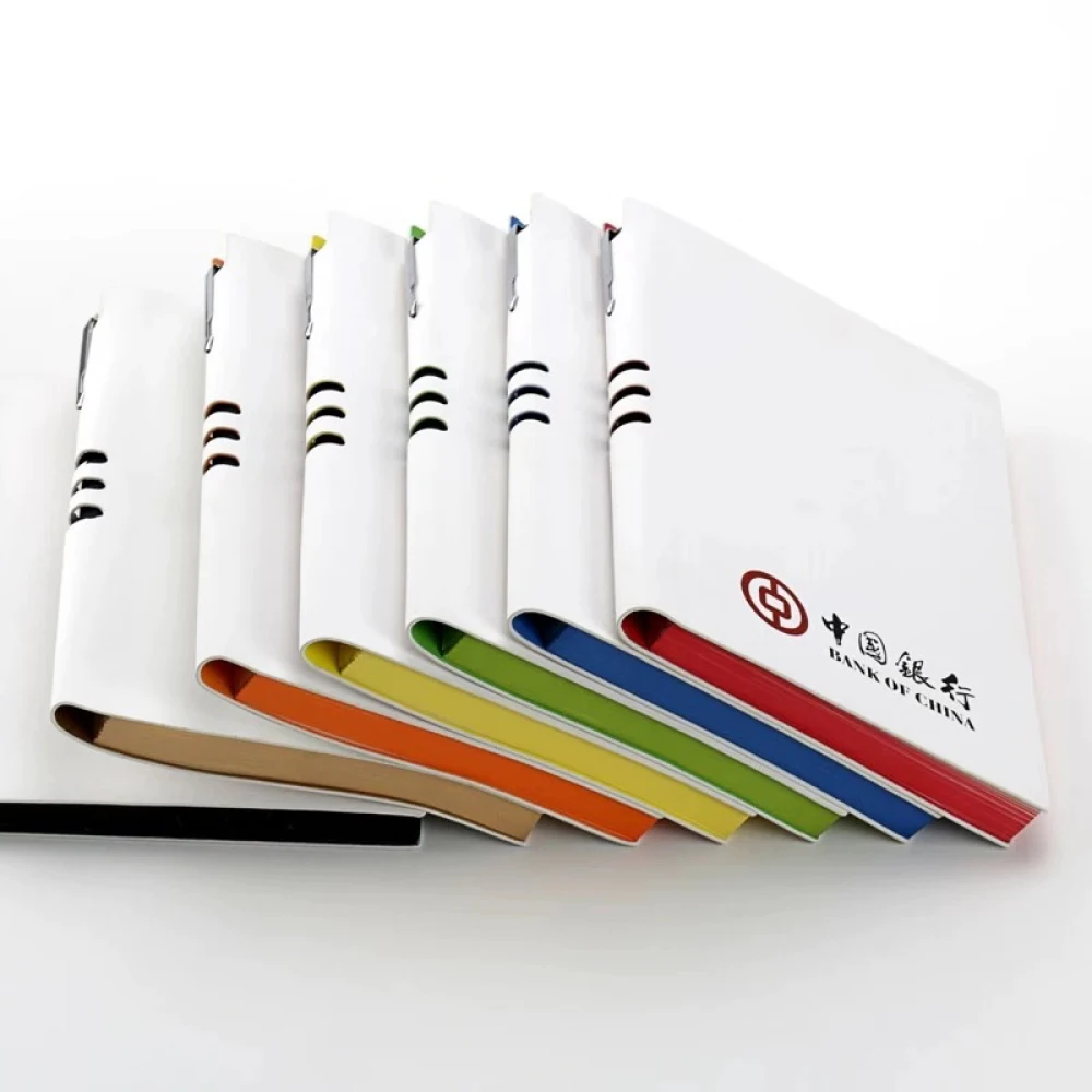 Hot sale A5 white pu leather notebook Custom logo softcover office planner with pen loop school stationery colorful edge diary