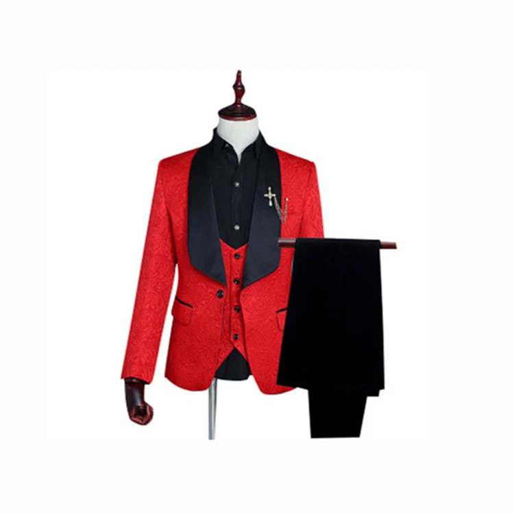 Red White Pink Suit Men Slim Fit Shawl Collar Men Suits For Wedding Fashion Jacquard 3 Piece Prom Suits