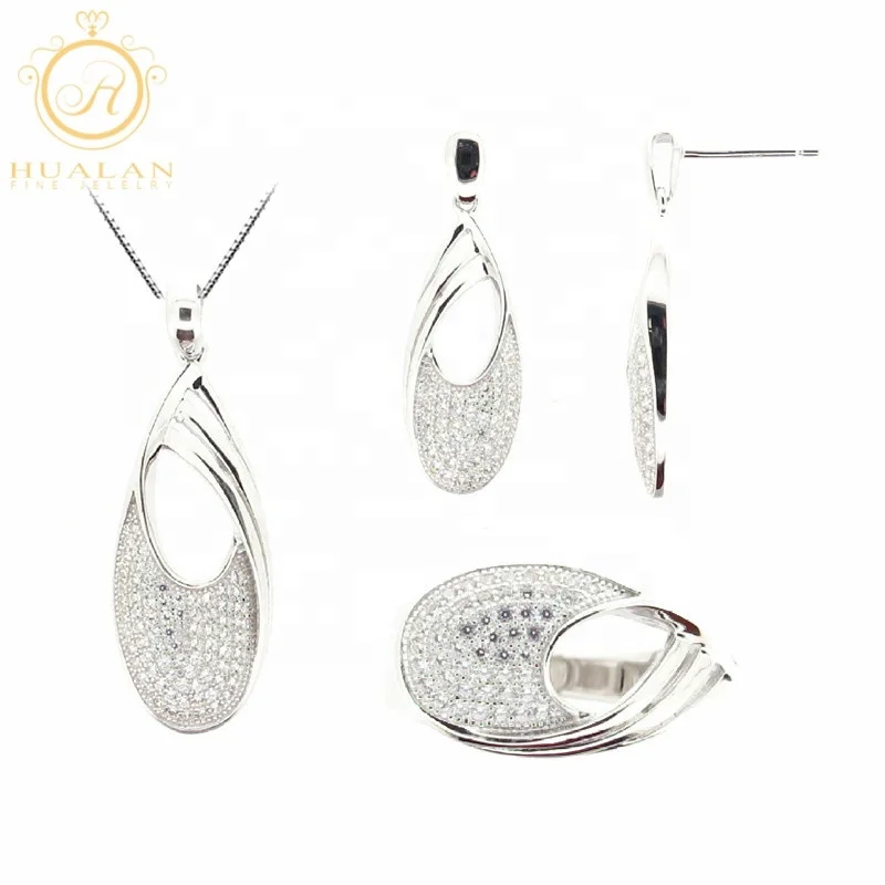 
Micro CZ Setting 925 Sterling Silver Necklace Earring Ring 4 Pieces Silver Jewelry Peru Silver Set 