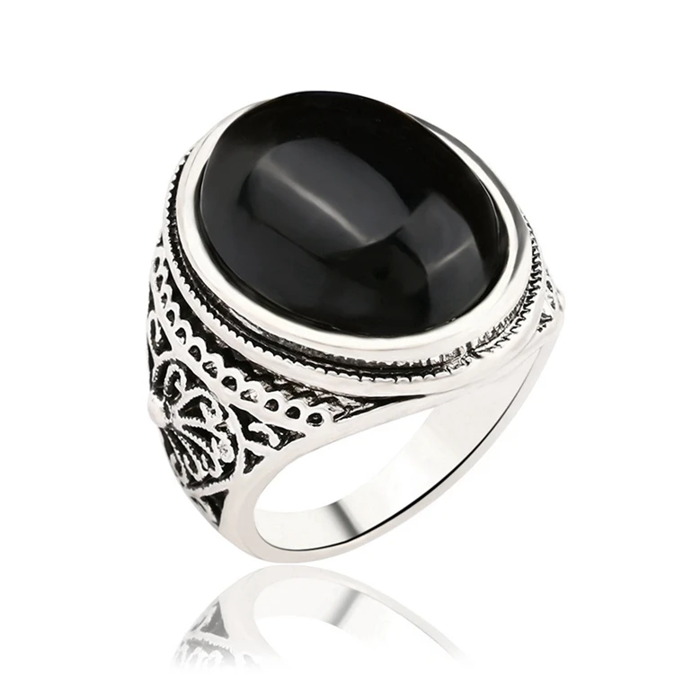 RW-115 Fashion Bohemia Style Big Agate Stone Retro Delicate Carving Anti-Silver Alloy Ring