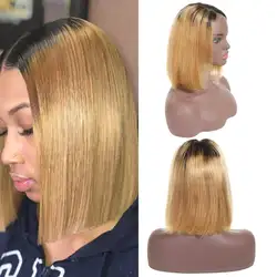Two Tone 1B 27 Human Hair Blunt Cut Natural Hairline Short Bob Wig With Baby Hair