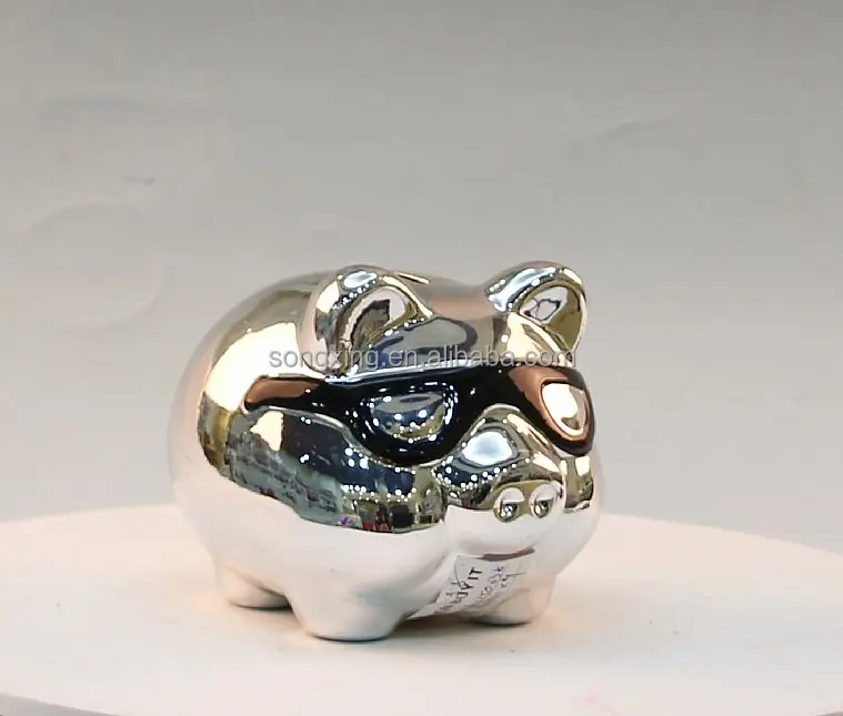 silver ceramic mini piggy bank with black glass