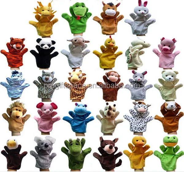 
2018 high quality 28 designs tiger dog frog pig rabbit short plush African jungle animal hand puppet set toy for adult education 