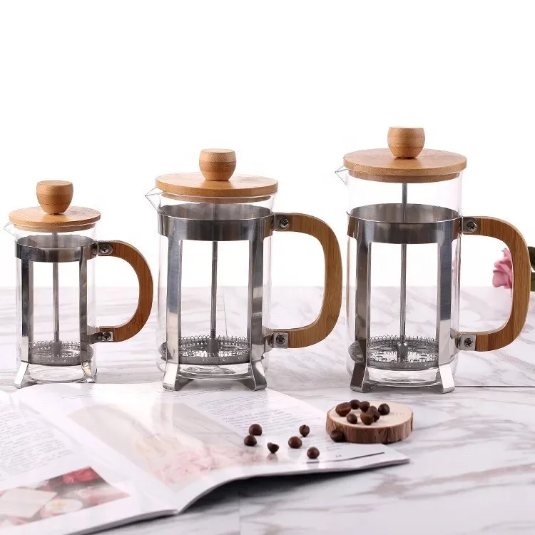French Coffee Press with Bamboo Wood Borosilicate / Glass Coffee & Tea Maker with Stainless Steel Filter