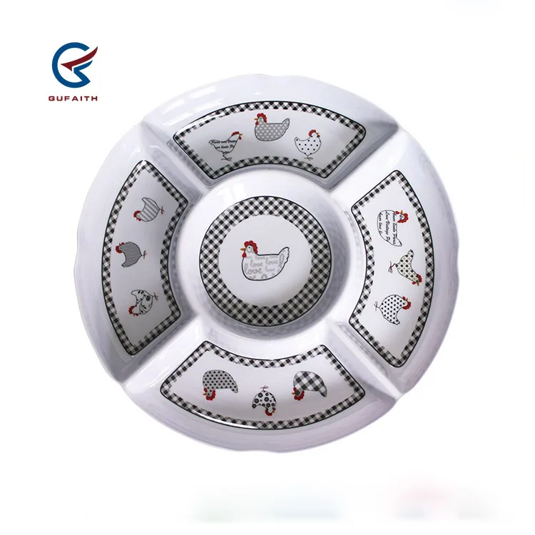 13 inch Plastic Round Serving Snack Tray Melamine 5 Compartment Divided Platter Melamine Chip & Dip