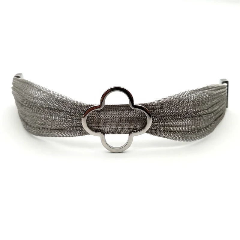 High Quality Women Stainless Steel Mesh Wide Bracelet Magnetic Clasp  Bangle With Flower Charm