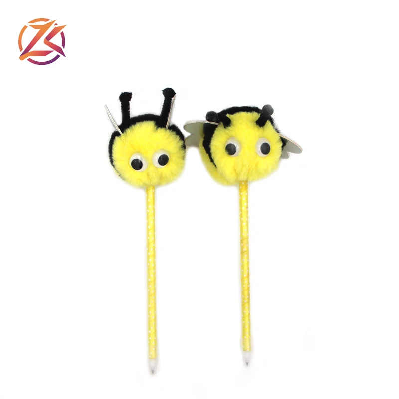 
novelty funny yellow honey bee shape pom pom ball pen for kids lovely cartoon honeybee fuzzy pen 