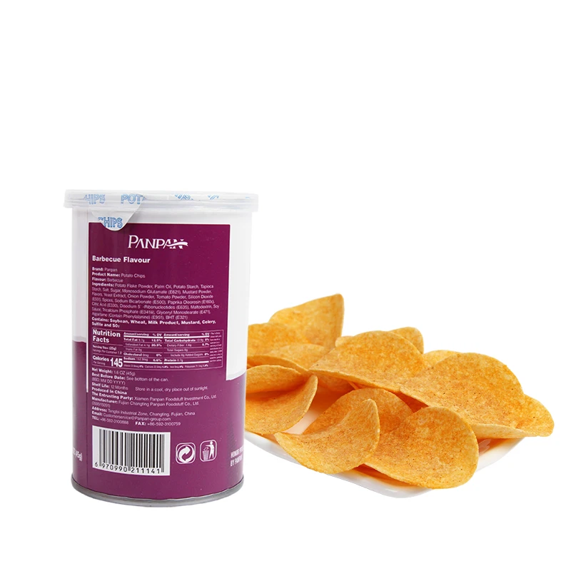 Vegetable chips manufacturer production fried canned halal snack potato chips 45g BBQ flavor yummy foods