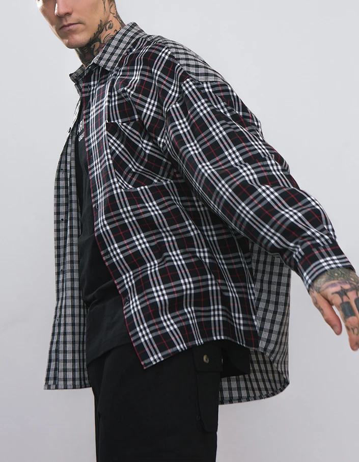 Chic streetwear three styles cut and sew checked shirt men Oversized curved hem button up shirts