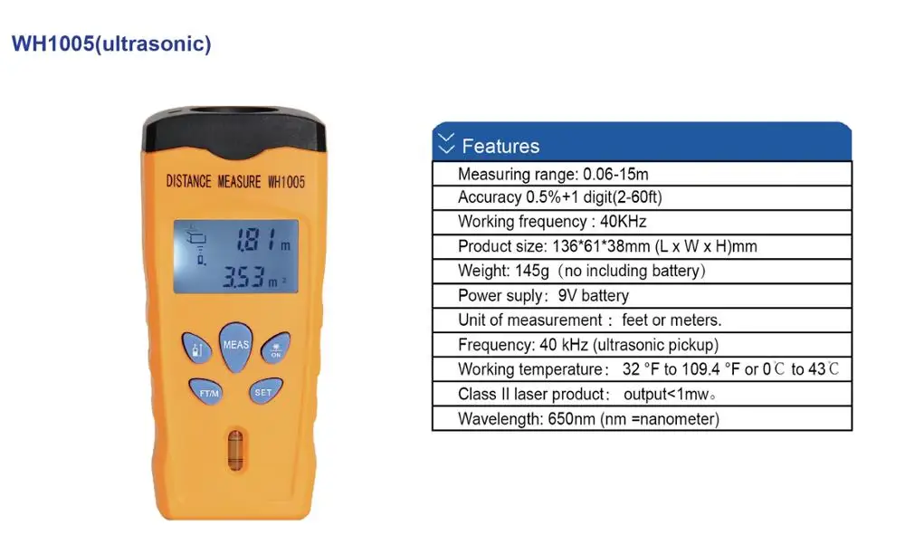 
Ultrasonic Distance Meter 18m with laser point WH1005 Factory direct sale 