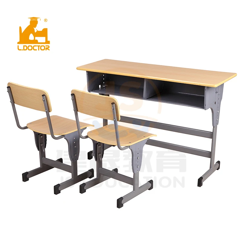 Cheap classroom double desk with chair with plywood TOP