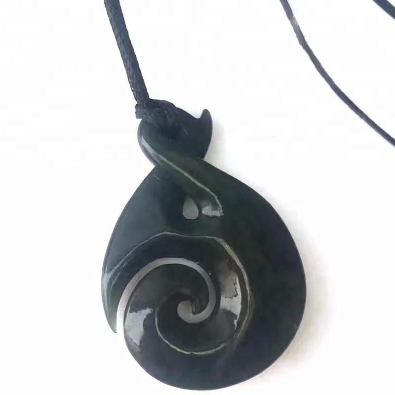 
Maori Style Twist Swirl Natural Dark Green Nephrite Jade Pendant 