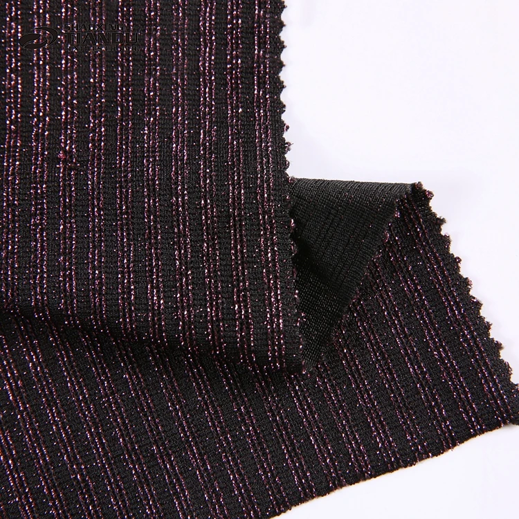 Professional purple plain dyed polyester silver shiny metallic lurex sweater knit fabric