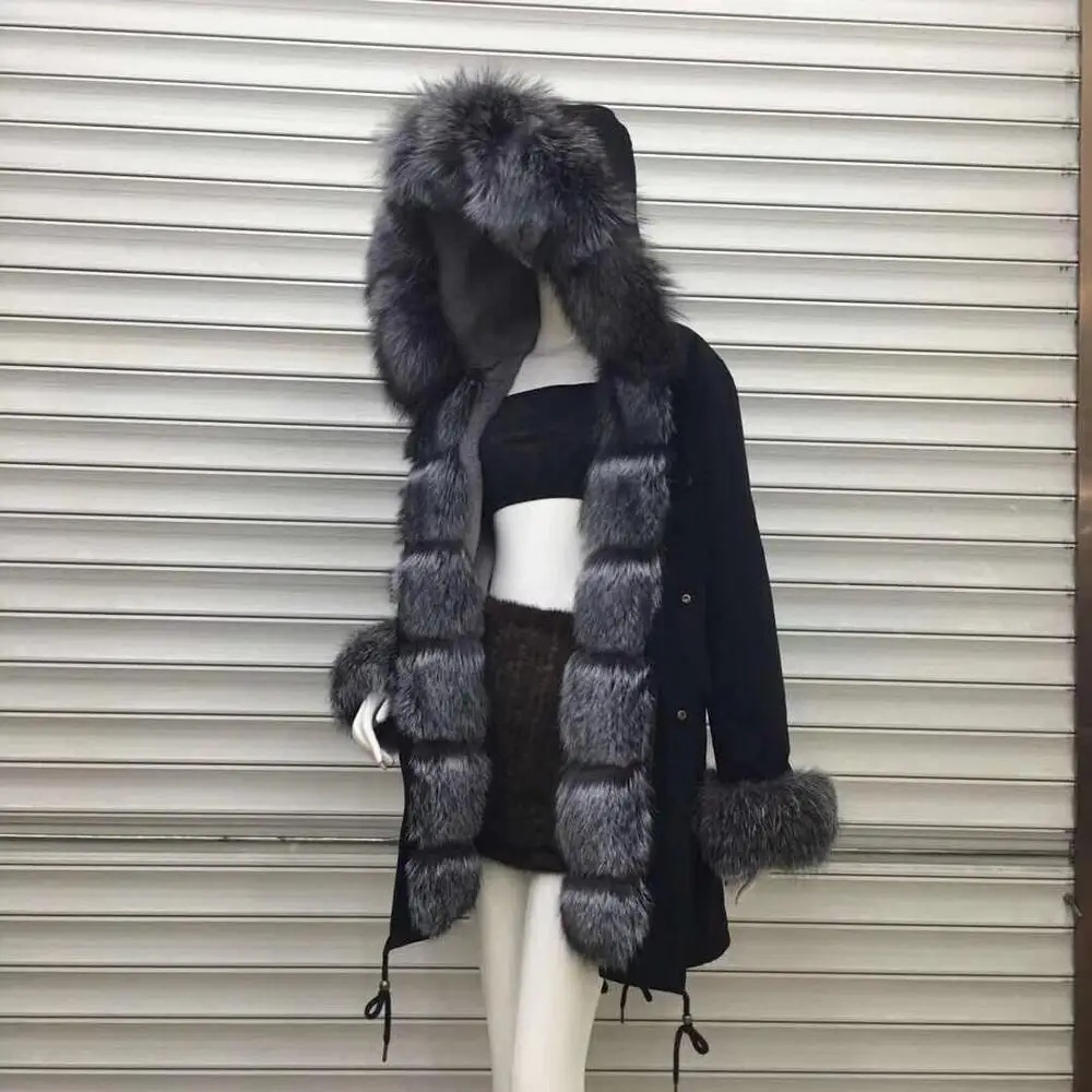 Raccoon Fur Hood/Collar Parka Removable rabbit fur Lining Parker Coat