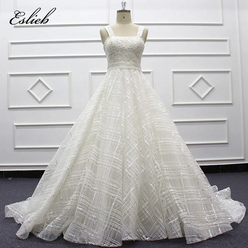 Vintage English style wedding dress wide strap pearls sash glitter wedding dress a line court train invisible back bridal gown