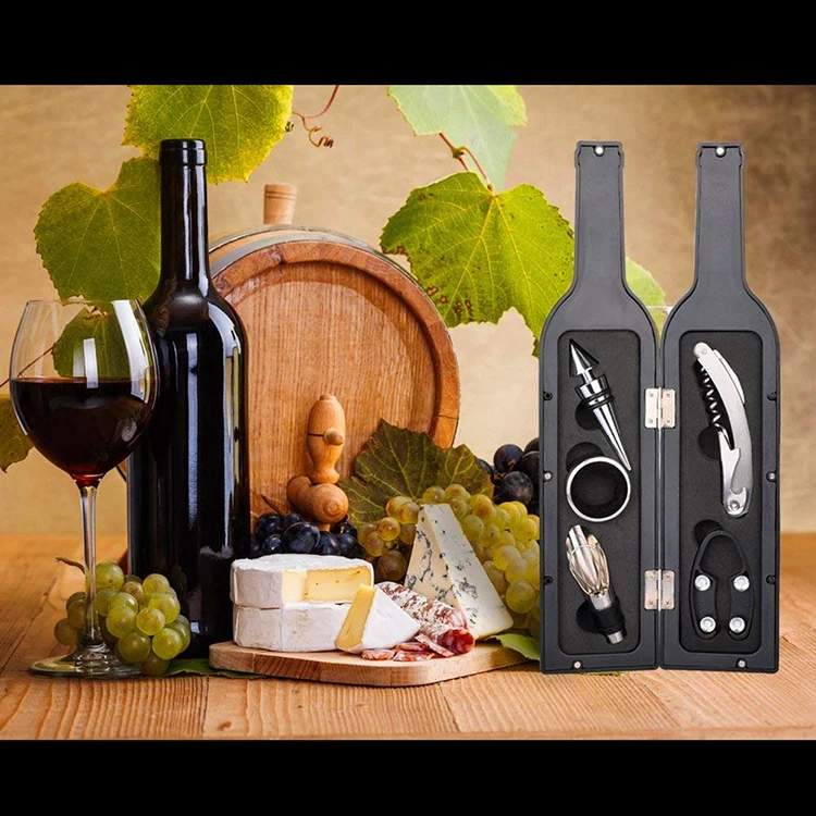 Wine Accessory Tool Gift Set with Pourer Collar Cork-Screw Stopper Cutter