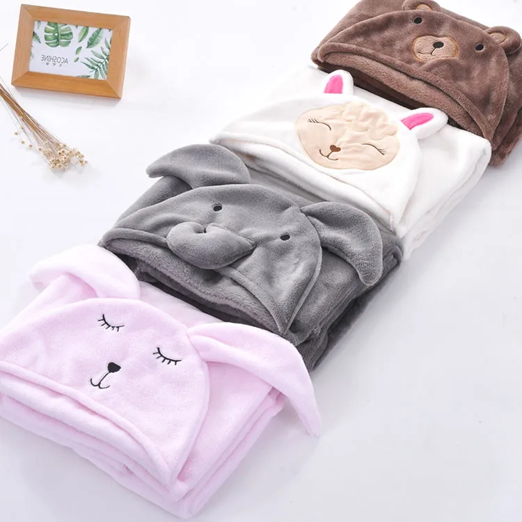 
Soft Flannel Children Blankets, Winter Warm Baby Bath Towel Baby Blanket, Cartoon Sheep Bear Elephant Rabbit Hooded Baby Blanket 