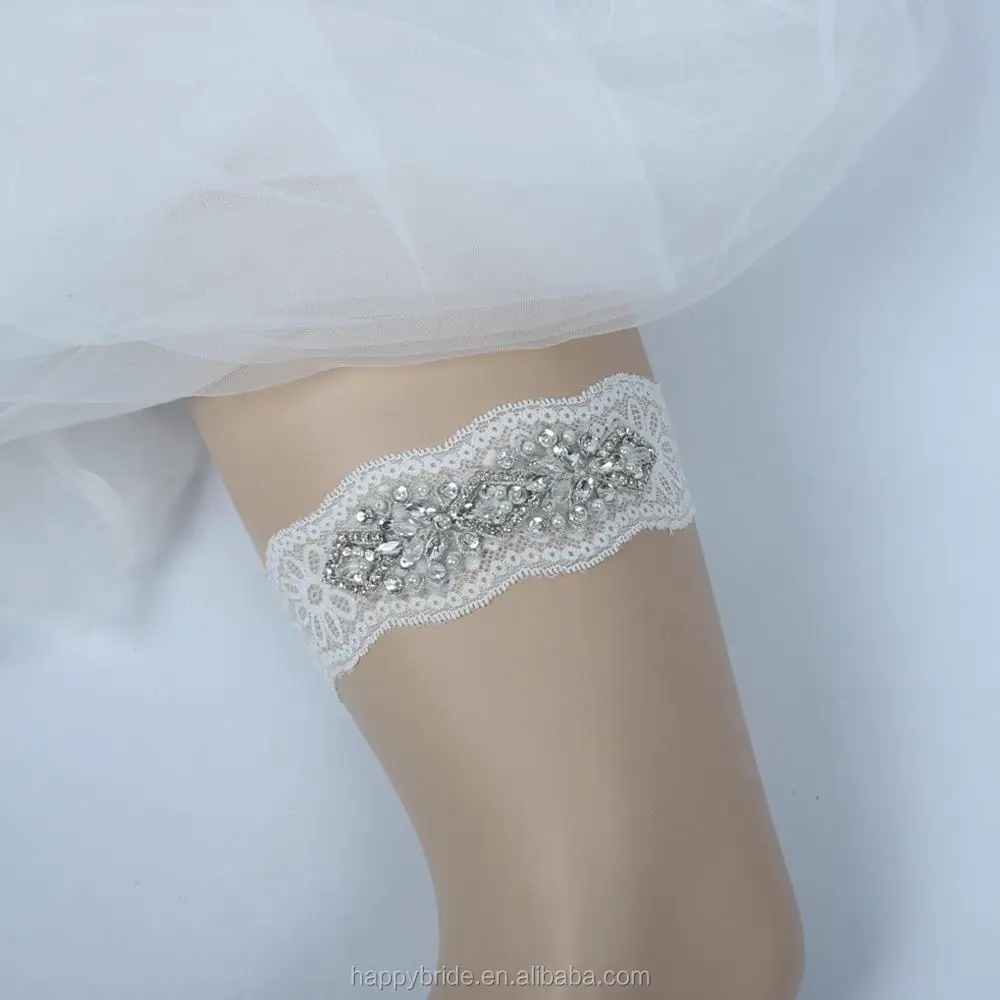 Lowosaiwor Factory Crystal Beaded Applique Sexy Lace Wedding Garter Set,Bridal Leg Garter Belt Handmade WG1004