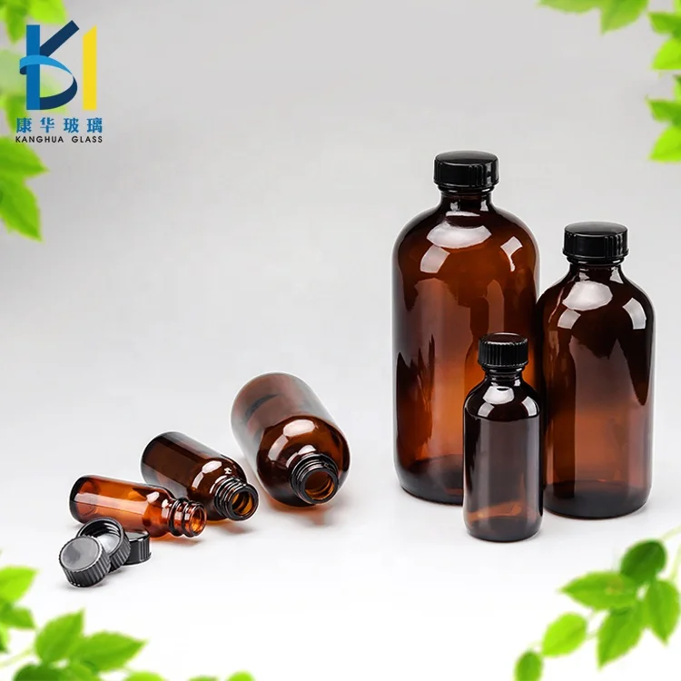 500ml 240ml 4oz Amber Boston Round Glass Bottle with Black Lid