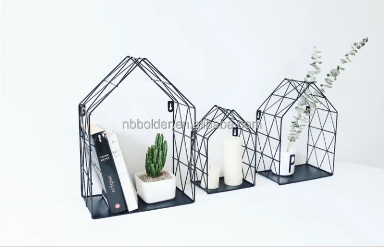 Living room furniture house design set of 3 black metal wire wall shelf rack for promotional