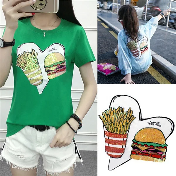 Hamburgers fries sequin food iron on cartoon cp embroidery cute patch