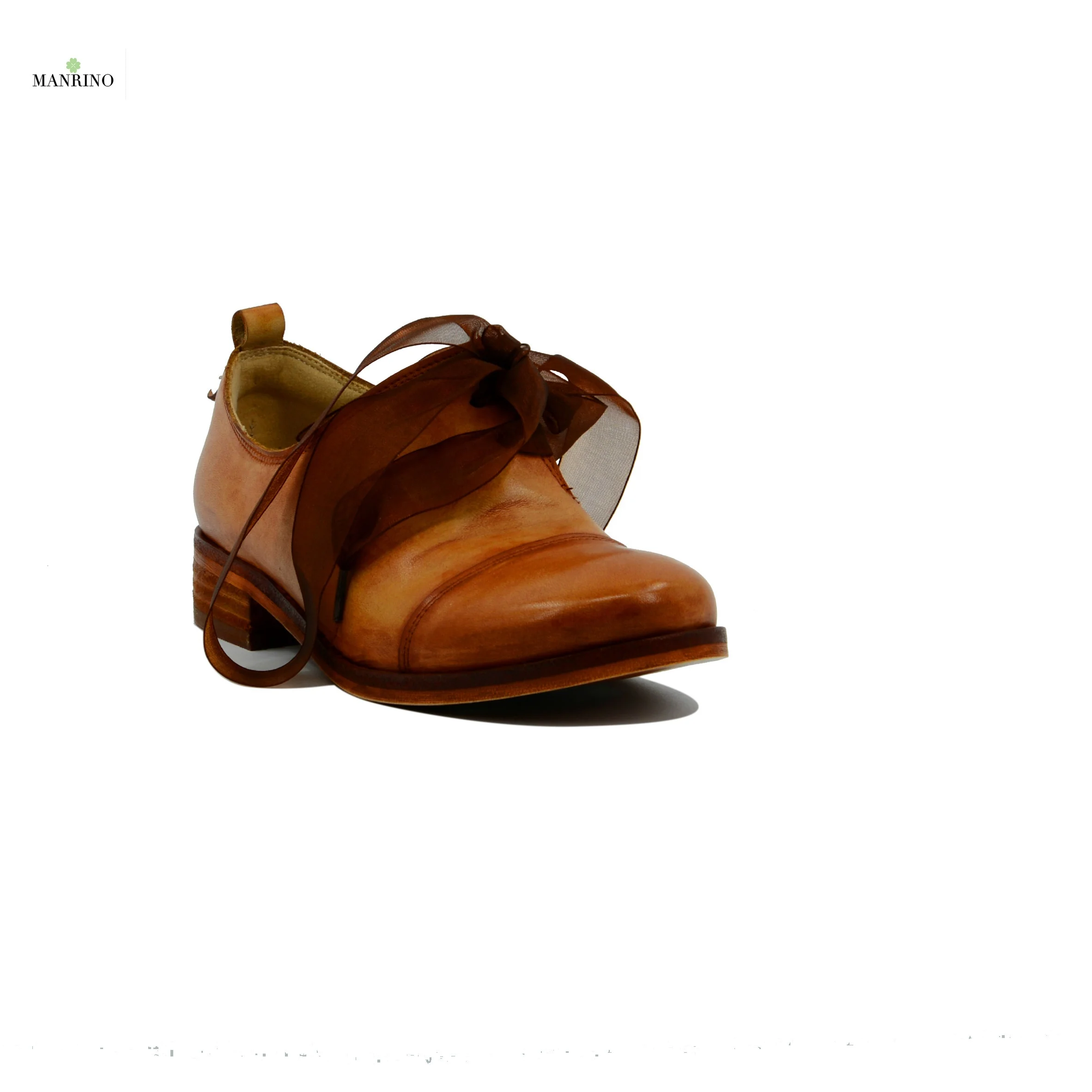 
MANRINO-0147 Lady Waxed Cow Leather Finishing Treatment Red Brown Wood Heel Ribbon Lace Up Women Closed Round Toe Casual Shoes 