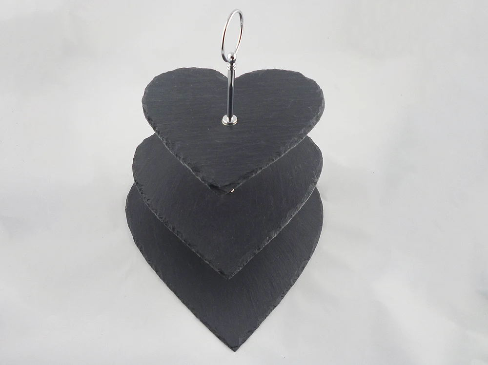 Factory Direct Price Natural Edge 30*25*34cm Heart Shape Black 3 Tier Slate Cake Stand Stone Cake Stand With Metal Handle