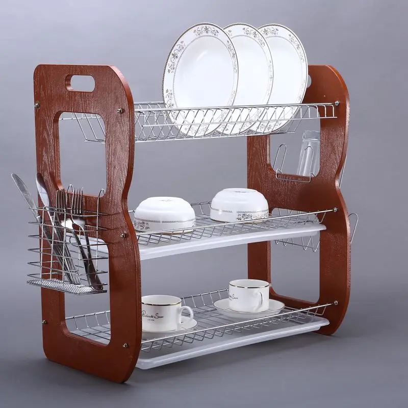Wooden Kitchen Bowl Plate Organizer Stainless Dish Drying Rack with draier board