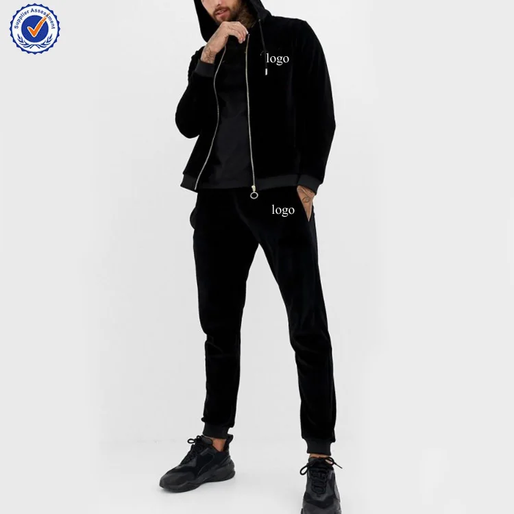YL OEM Fashion Custom Embroidery Logo Black Velour Tracksuits Men For Wholesale