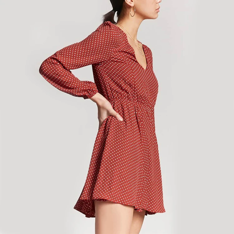 Latest Design Long Peasant Sleeve Polka Dot Mini Skater Dresses For Women