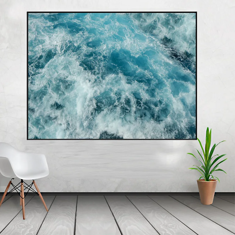 Unframed Nordic Style Canvas Print Painting Posters of Sea Water Waves and Quote,Wall Pictures For Living Room