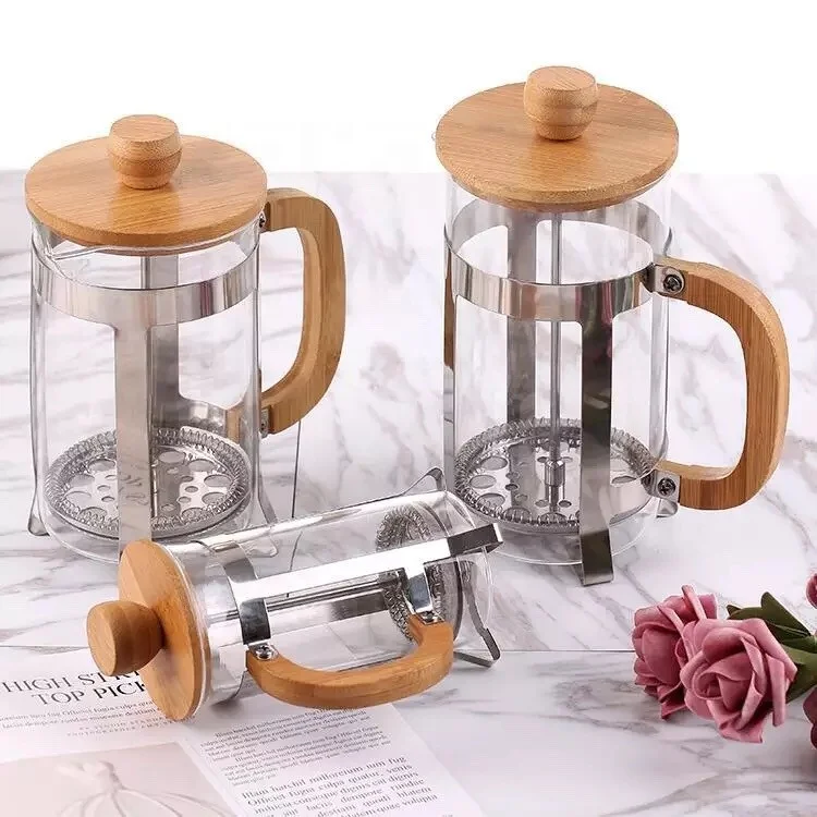 French Coffee Press with Bamboo Wood Borosilicate / Glass Coffee & Tea Maker with Stainless Steel Filter