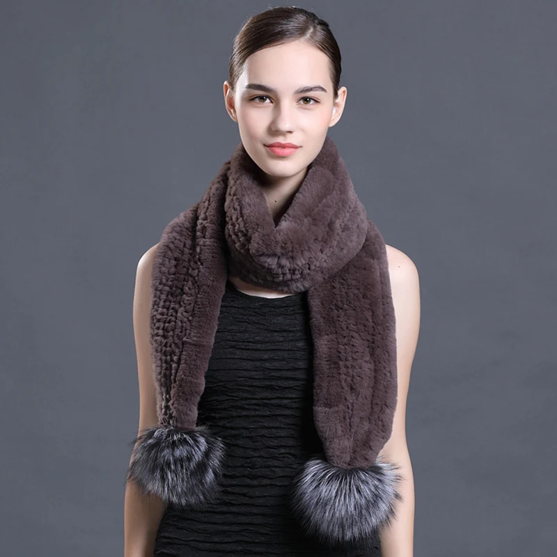 CX-S-109A Hot Sale Hand Knitted Scarves Rex Rabbit Fur Scarf with Fox Fur Pompom