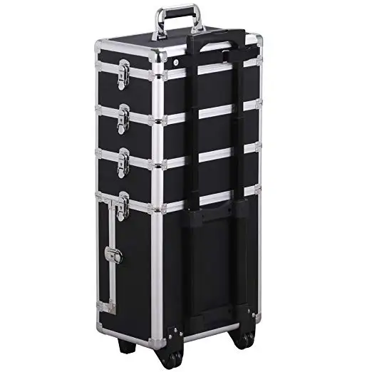 Highlight Black pink red silver Aluminum Rolling 4 in 1 Makeup Case Cosmetic trolley salon  trolley