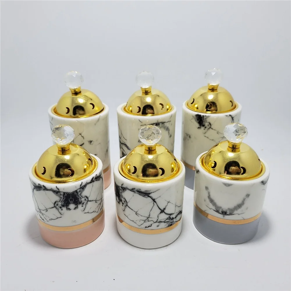 Home decor ceramic marble candle holder with metal lid