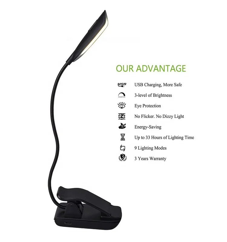 OEM Clip on Reading Light 3000K-6500K Adjustable Color Temperature Up to 33 Hours of Continuous Light Rechargeable Book Light