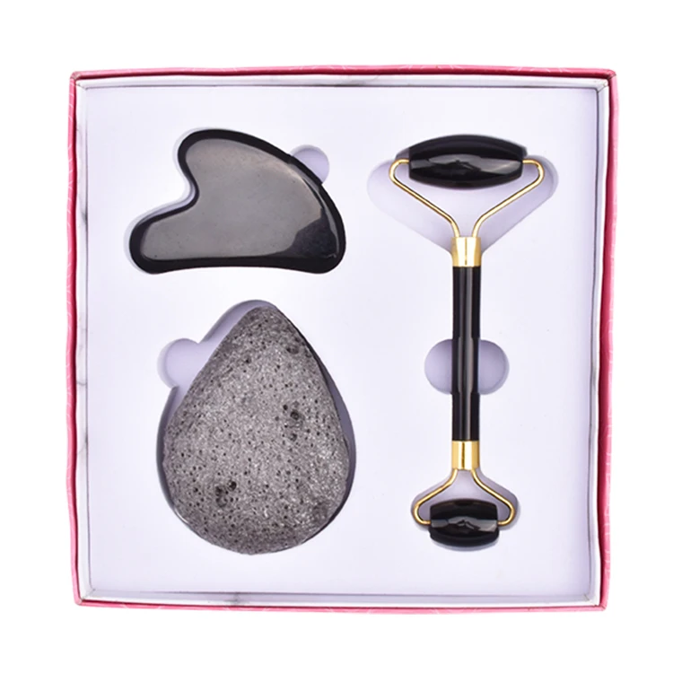 
OEM ODM 100% Natural stone Black Obsidian Jade Roller Private Label ,Jade Face Roller And Gua Sha Massage Set 