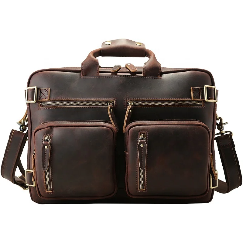 Vintage 15.6 Inch Mens Crazy Horse Genuine Leather Convertible Backpack Laptop Messenger Large Briefcase Daypack Travel Bag